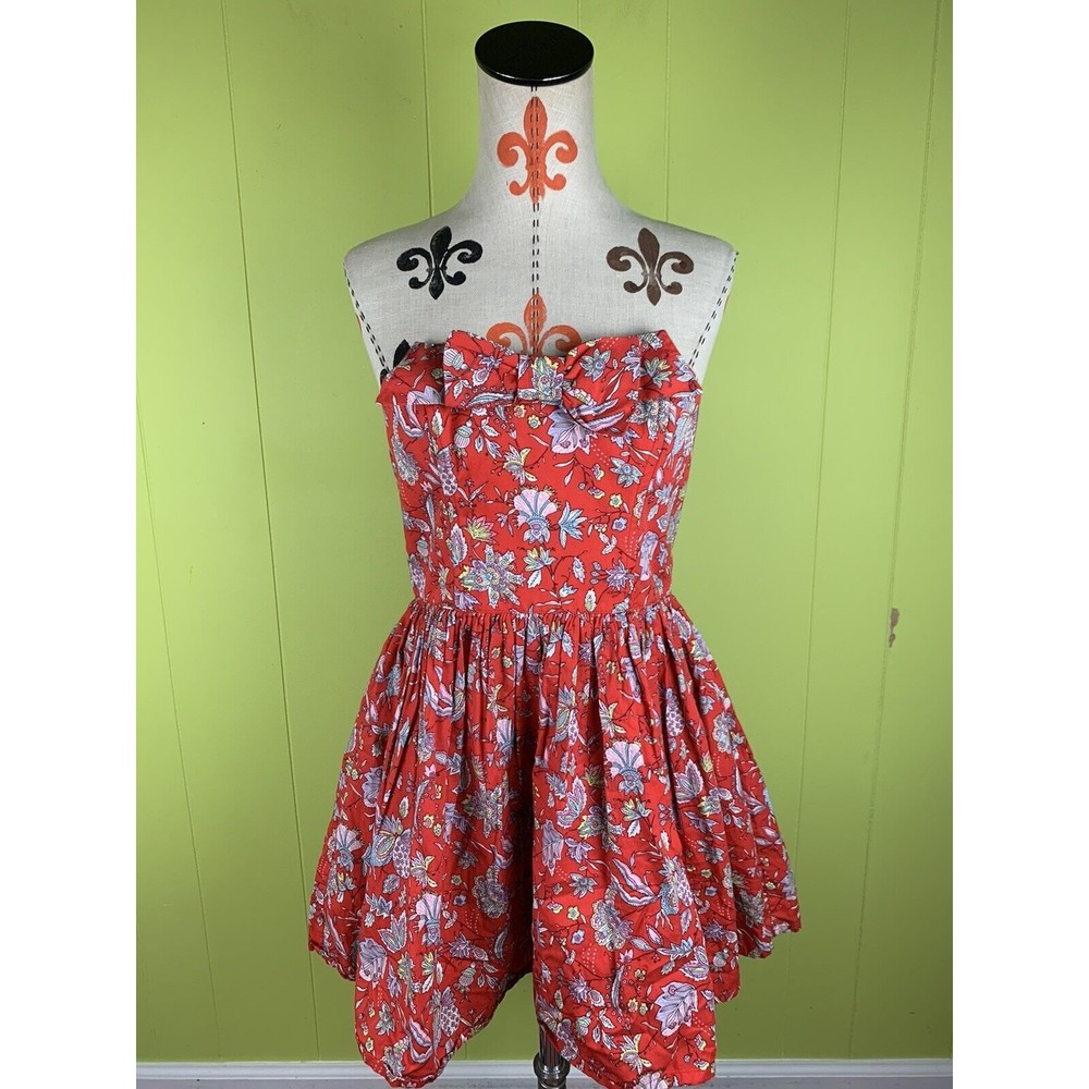 Jack Wills Sz 8 Sleeveless Strapless Red Dress Pockets Lined Pleated Floral
